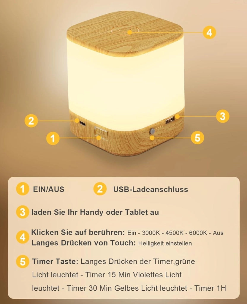 ZMH Lampada da tavolo LED wireless effetto legno touch dimmerabile USB ricaricabile 3600mAh 3 temperature colore