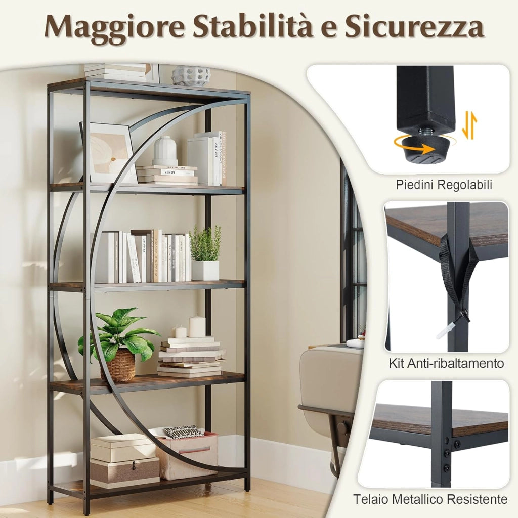 Libreria a 5 Ripiani, Scaffale Alto Indipendente con Design a Mezzaluna, Struttura in Metallo, Libreria da Parete per Soggiorno, Ufficio e Studio, 86 x 30 x 175 cm (Marrone Rustico)