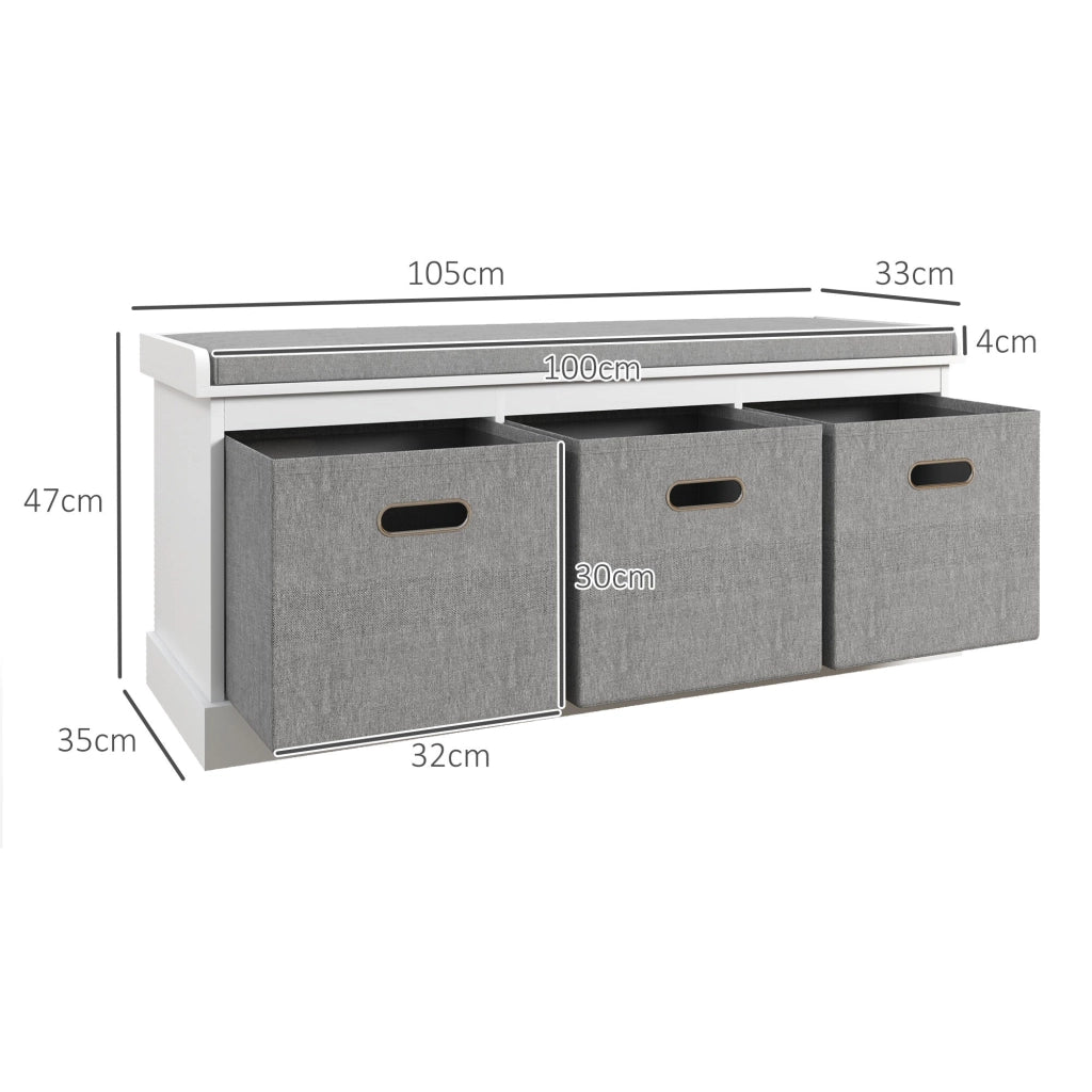 Panca Scarpiera 105x35x47 cm 3 Ceste e Seduta Imbottita in Legno Bianco e Grigio
