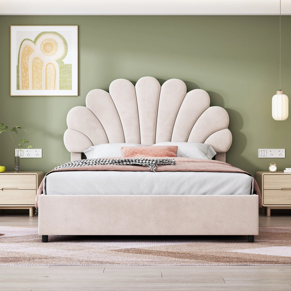 Letti contenitori 140x200 cm; contenitore idraulico; velluto; beige (Senza materasso)