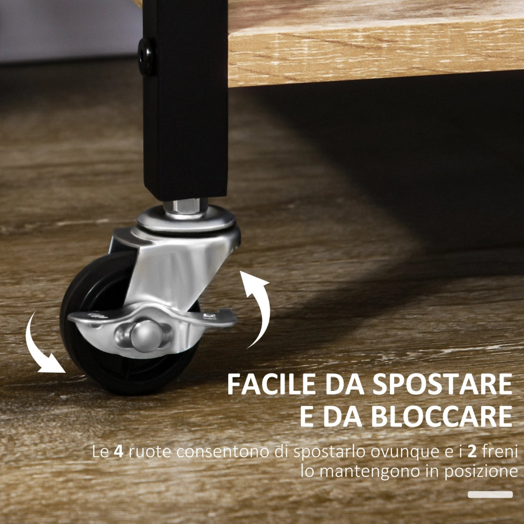 Carrello da Cucina 72x40x86 cm 3 Ripiani con Vassoio Rimovibile e Ruote Girevoli in Truciolare e Acciaio Nero