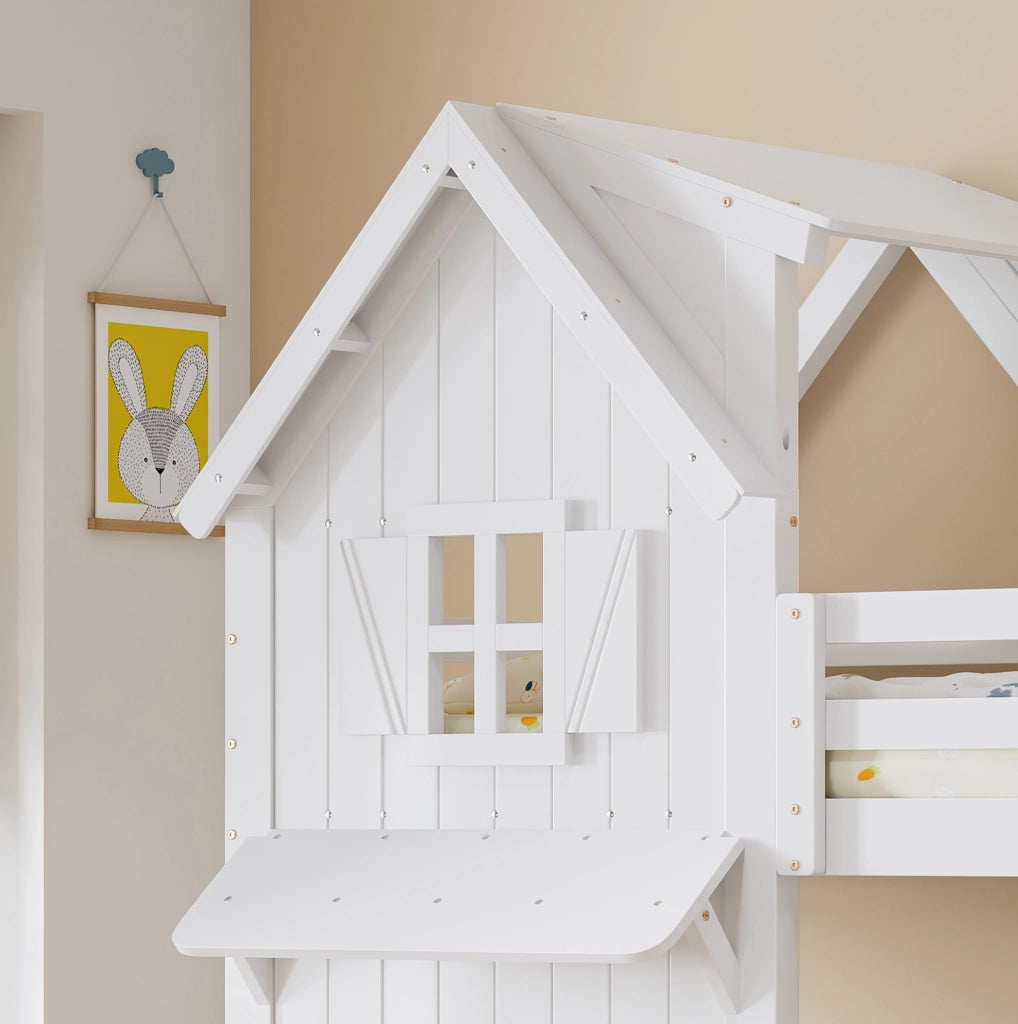 Letto a castello per bambini bianco 90x200 cm con tetto, finestre e scala