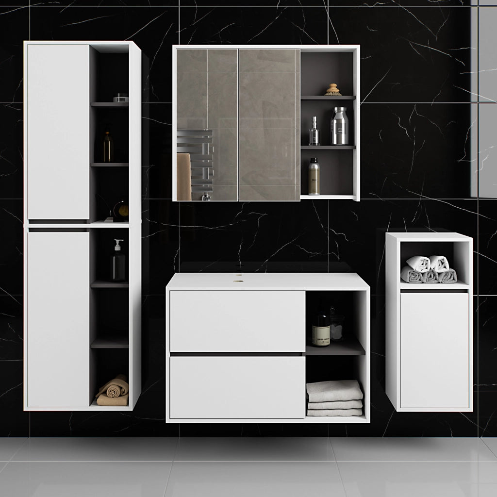 Set di mobili da bagno sospesi VAMI in Bianco con interno Grigio Grafite con fori per lavabo da appoggio