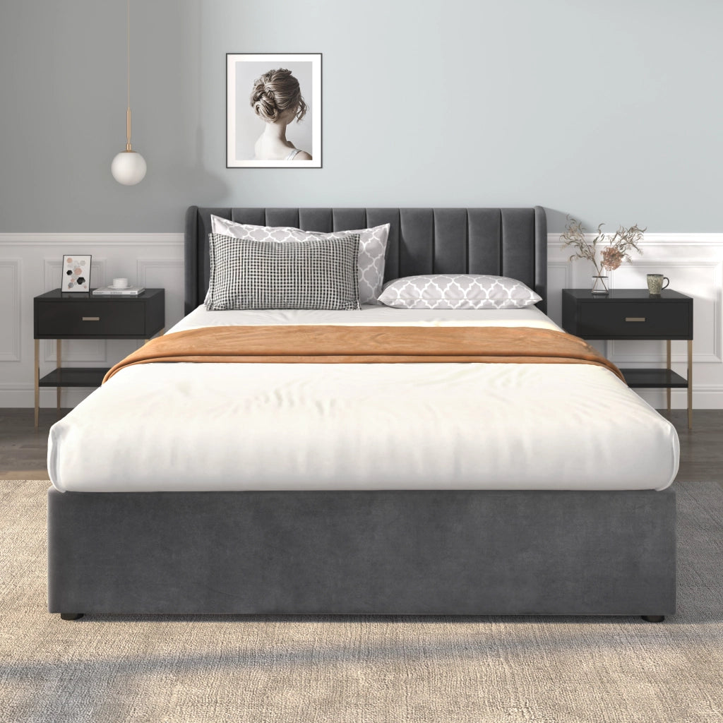 OKWISH Letto con Cassetti 140×200 cm, Letto Matrimoniale con 2 Cassetti e Testiera Imbottita, senza Materasso, in Velluto, Grigio