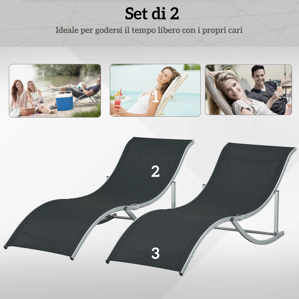 Set 2 Sdraio da Giardino Pieghevoli in Alluminio e Texteline, 61x165x63 cm, Nero