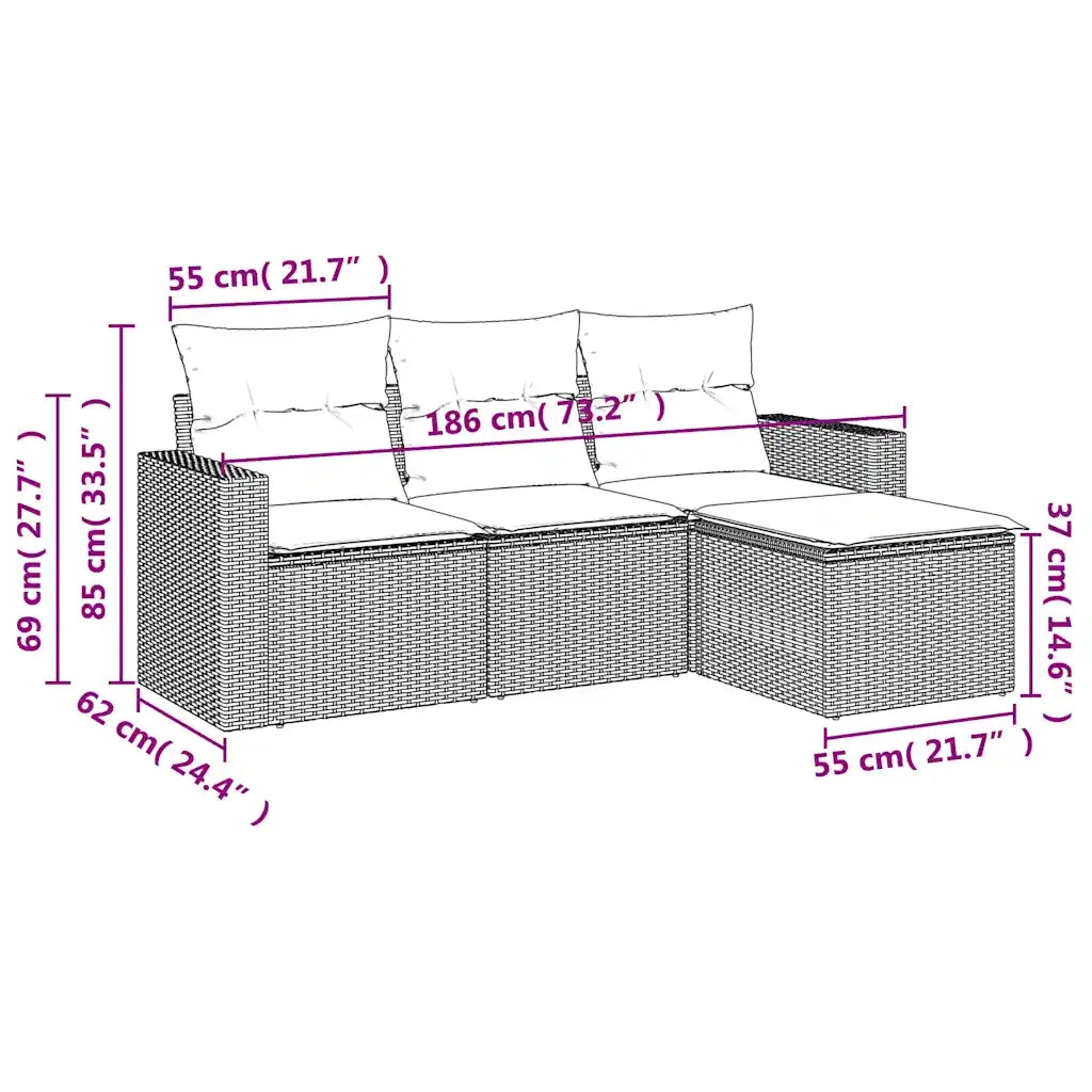 Set Divani da Giardino 4 pz | Set Salotto da Giardino con Cuscini Nero in Polyrattan