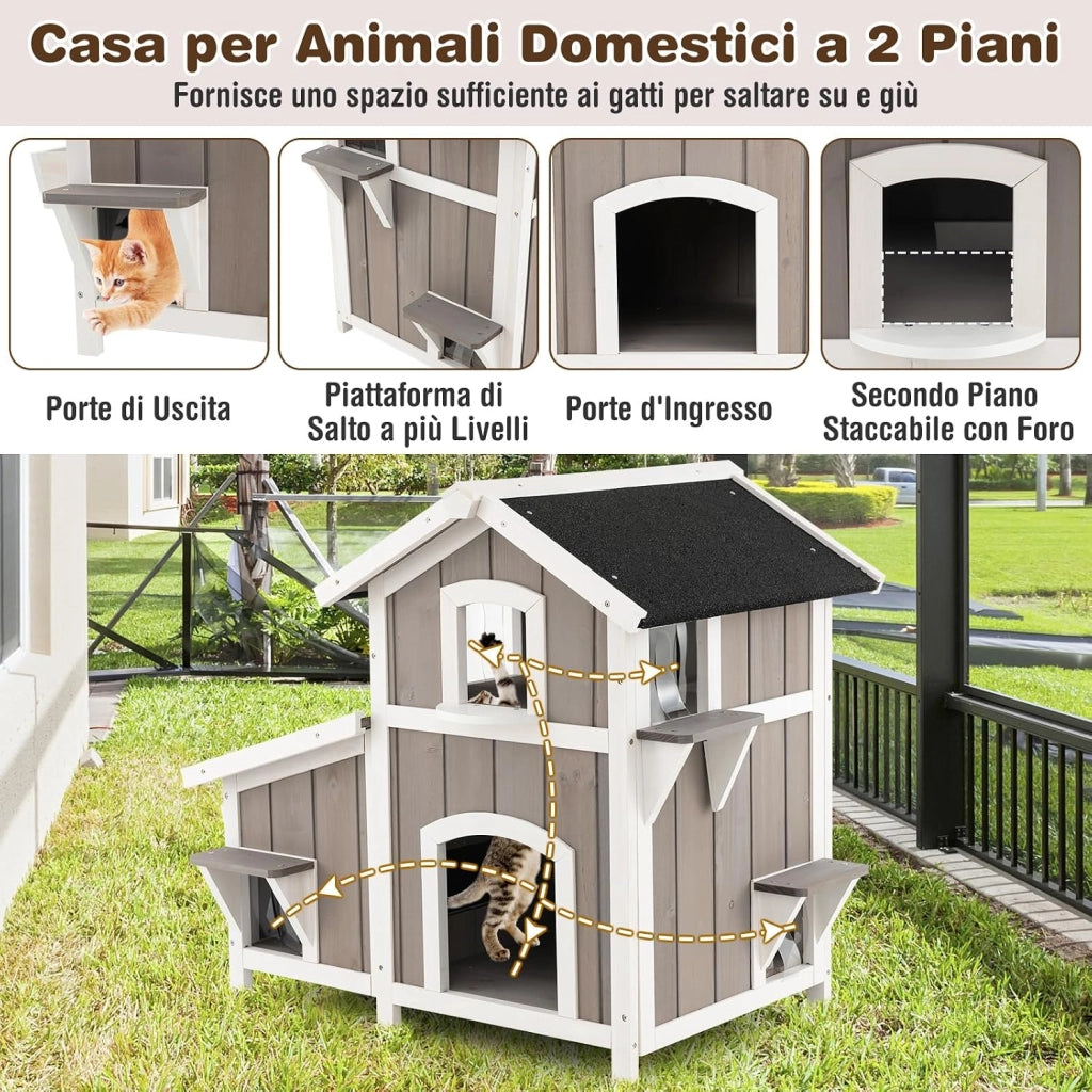 Casetta per Gatti con 2 Ingressi Frontali e 4 Bucchi con Tende in PVC, Villa per Gatti in Legno di Abete a 2 Piani con Tetto Impermeabile, Cuccia per Animali Piccoli, 100 x 64 x 82,5 cm