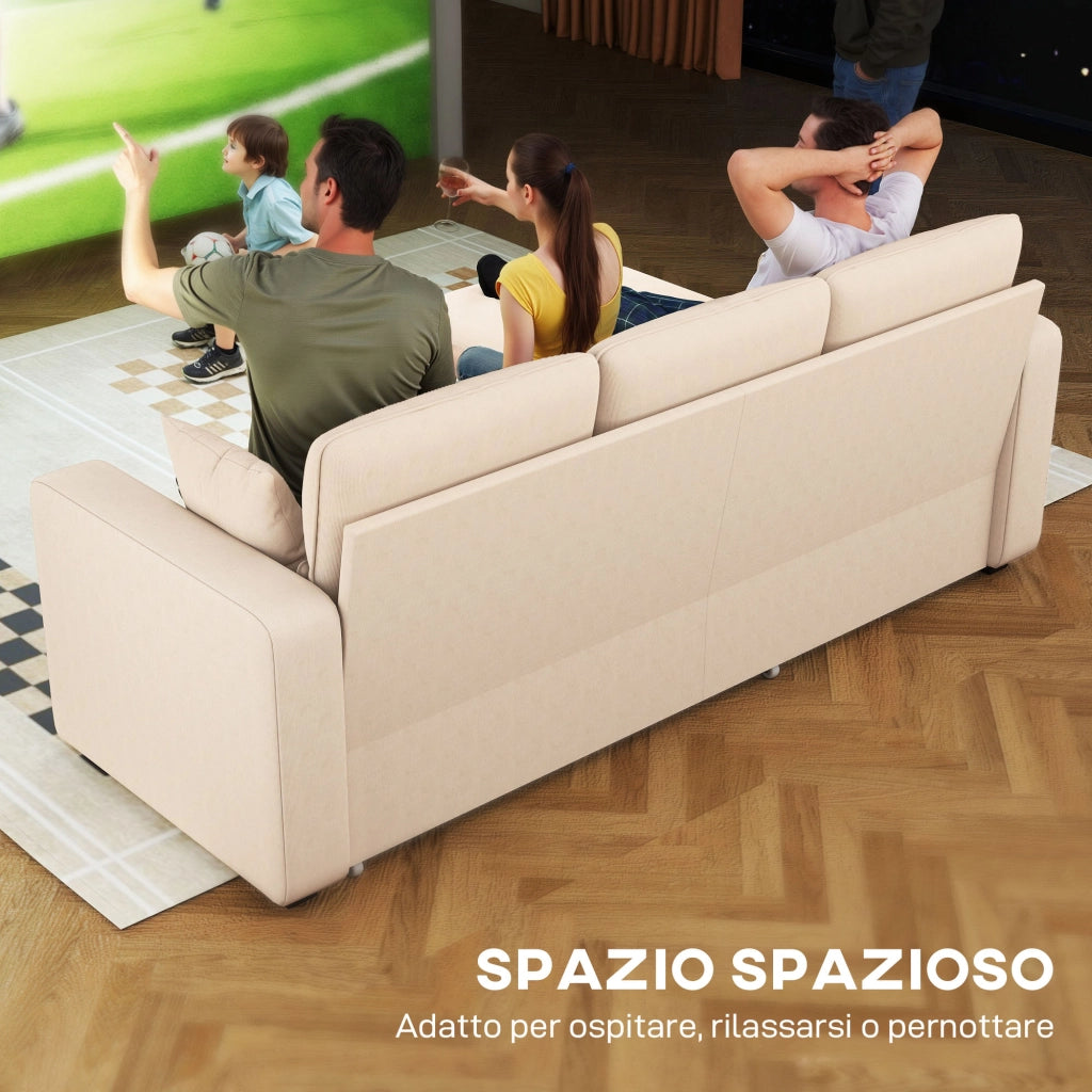 Divano Letto Angolare con Vano Contenitore 205x135x76 cm Rivestimento in Velluto a Coste Beige