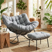 Set di sedie a dondolo con sgabello in rattan, resistente alle intemperie, con spessa imbottitura rimovibile, portata di 150 kg, per giardino, balcone, soggiorno