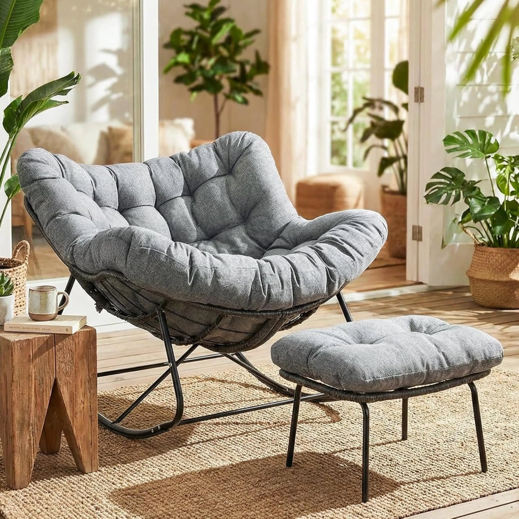 Set di sedie a dondolo con sgabello in rattan, resistente alle intemperie, con spessa imbottitura rimovibile, portata di 150 kg, per giardino, balcone, soggiorno