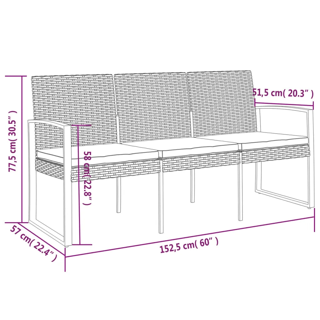 Panca da Giardino a 3 Posti con Cuscini in Rattan PP Nero 360212