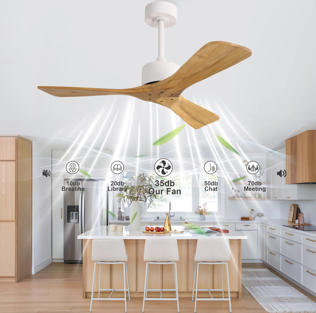 Ventilatore da soffitto 42 pollici senza luce con 3 pale in legno massello; naturale e bianco