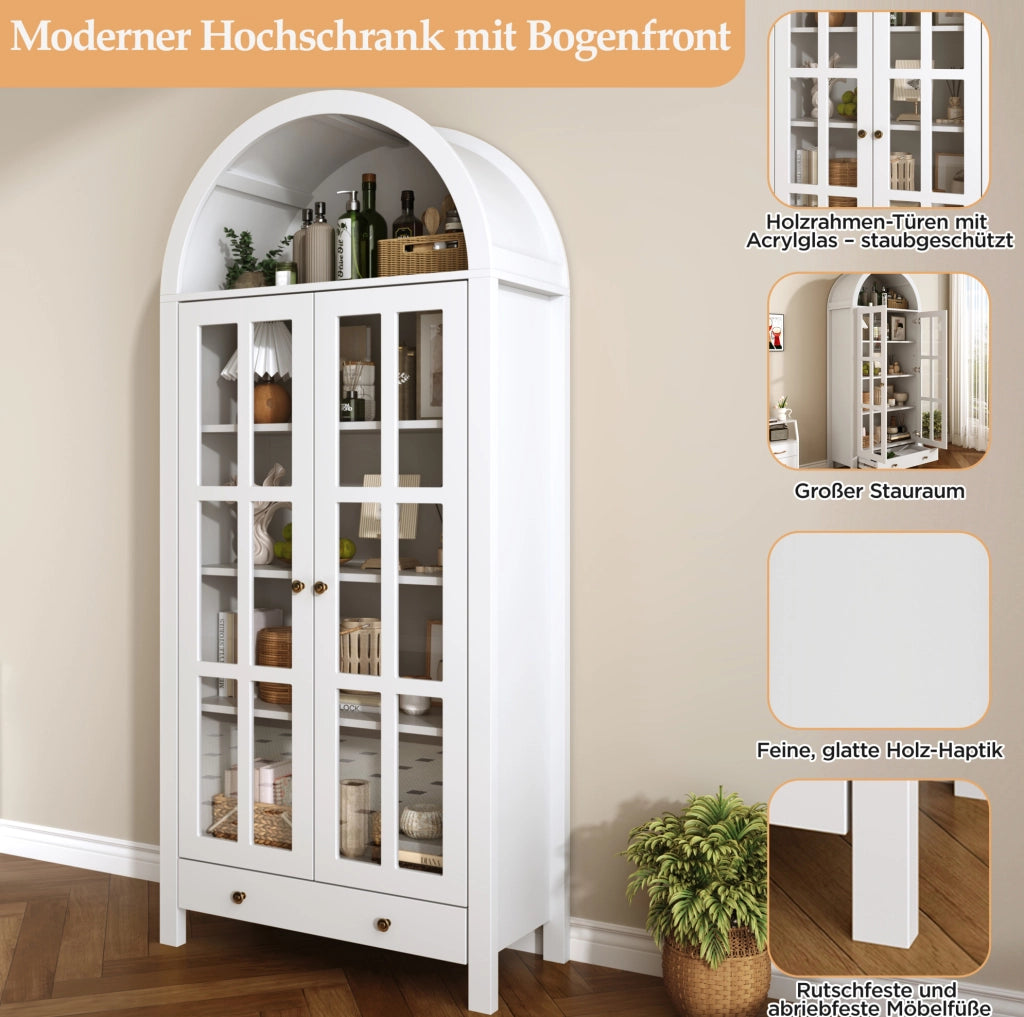 Vetrina alta ad arco 75x35x170;5 cm in MDF bianco con ante in acrilico trasparente e cassetto