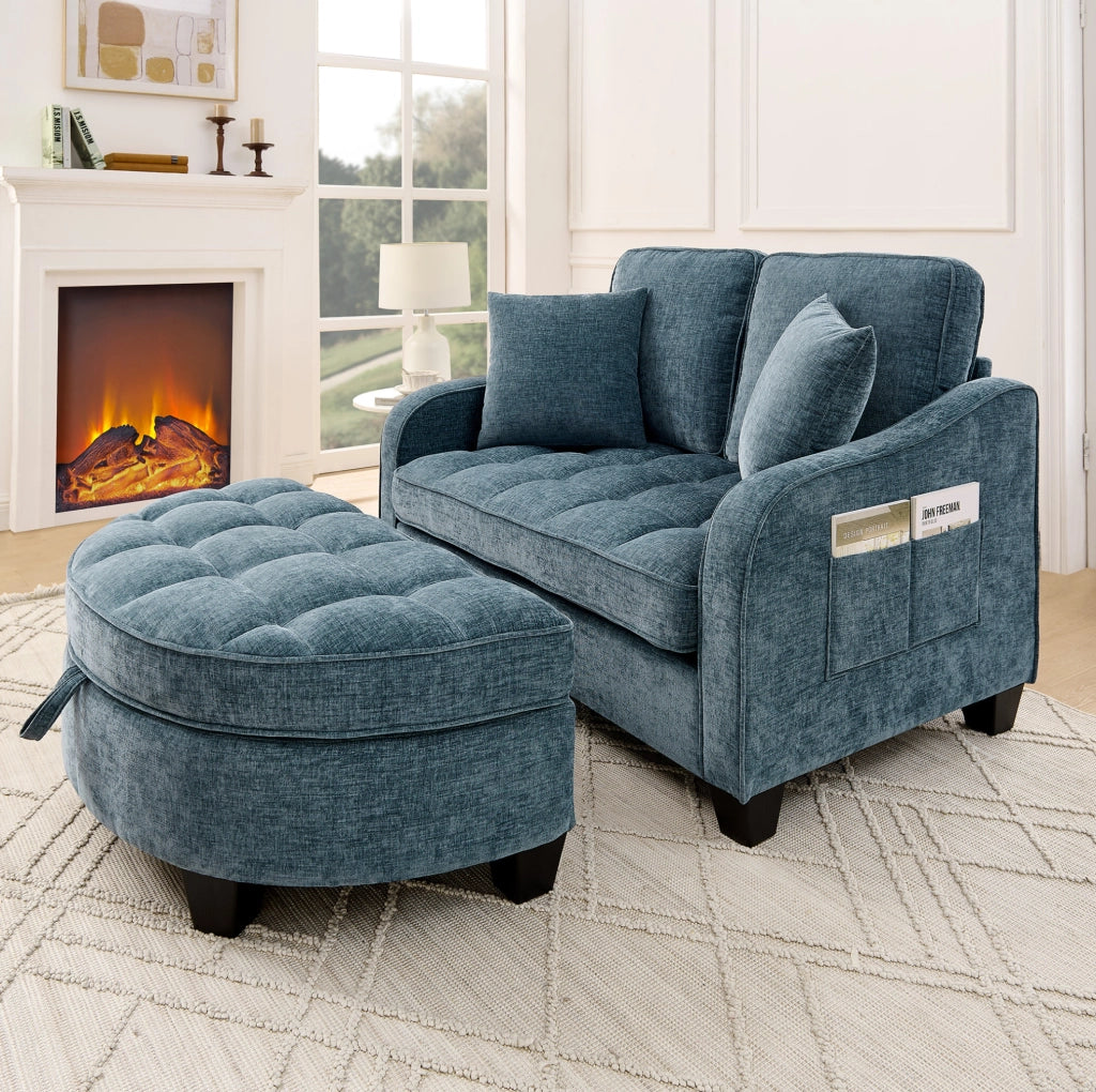 Divano letto trasformabile con pouf contenitore; eucalipto; blu; 132 x 129 x 93 cm