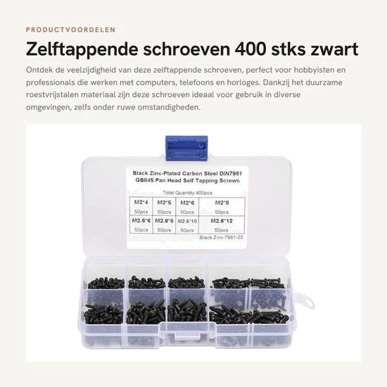 Assortimento di viti selfaferenti in acciaio inossidabile - 400 pezzi - con scatola di conservazione in plastica - adatto per legno/plastica/metallo morbido - alta resistenza