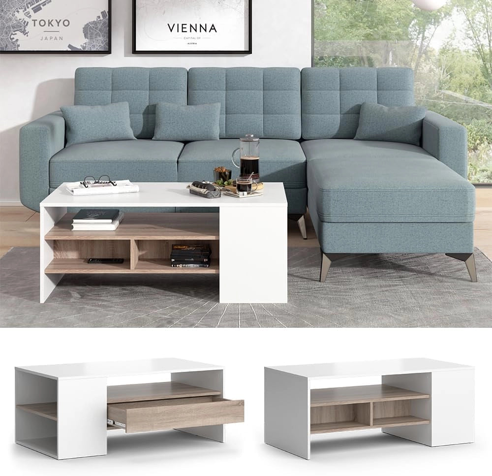 Tavolino Fabien, Bianco, 110 x 60 cm, con ripiani aperti per organizzare gli accessori per la casa