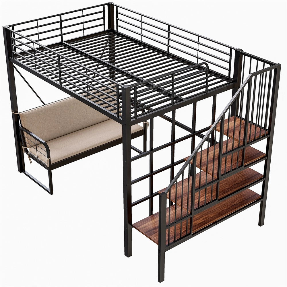 Letto a Castello 140x200 con Divano Estraibile, Contenitore e Scala ¨C Xylo ¨C Nero, Metallo