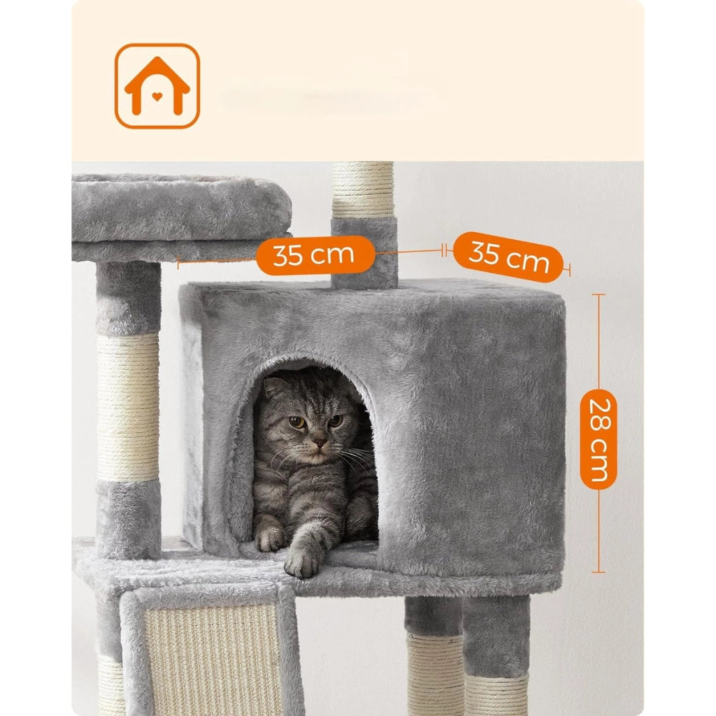 Tiragraffi per gatti a torre con cuccia e amaca grigio chiaro