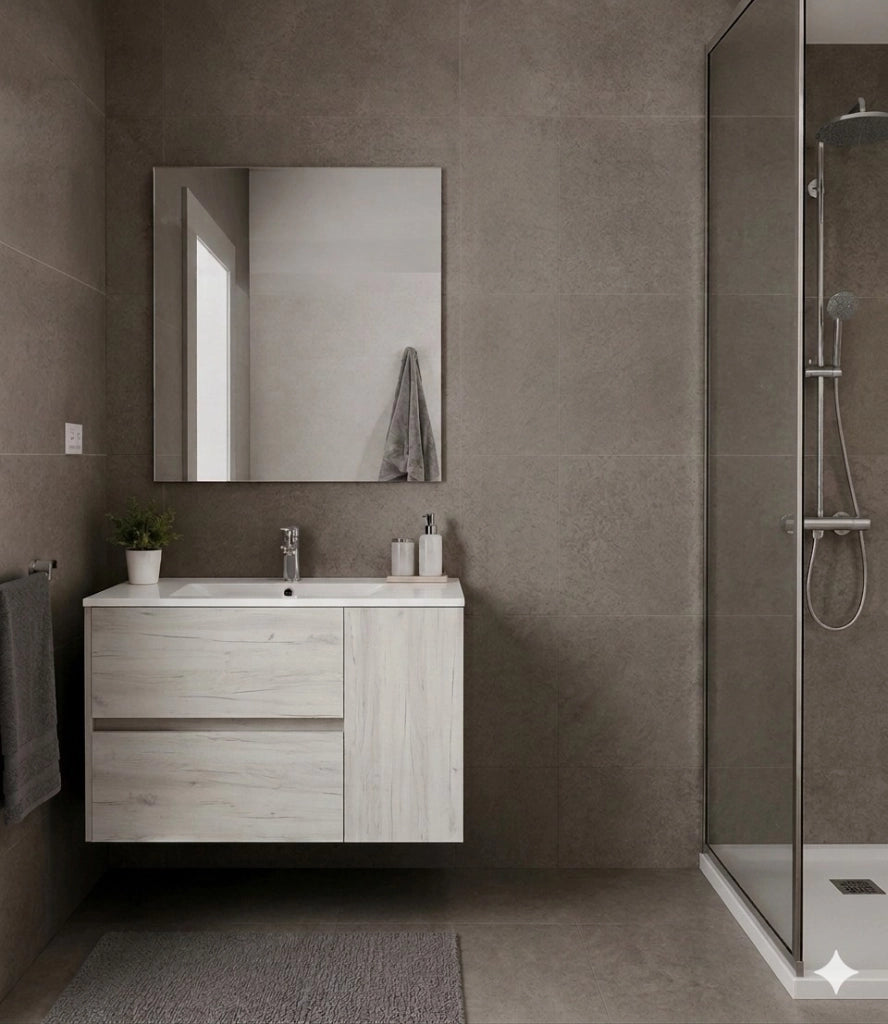 Mobile Bagno HEIMDALL Già Montato 2 cassetti e porta, lavabo e specchio Bianco nordico 120x45 cm 1 lavabo