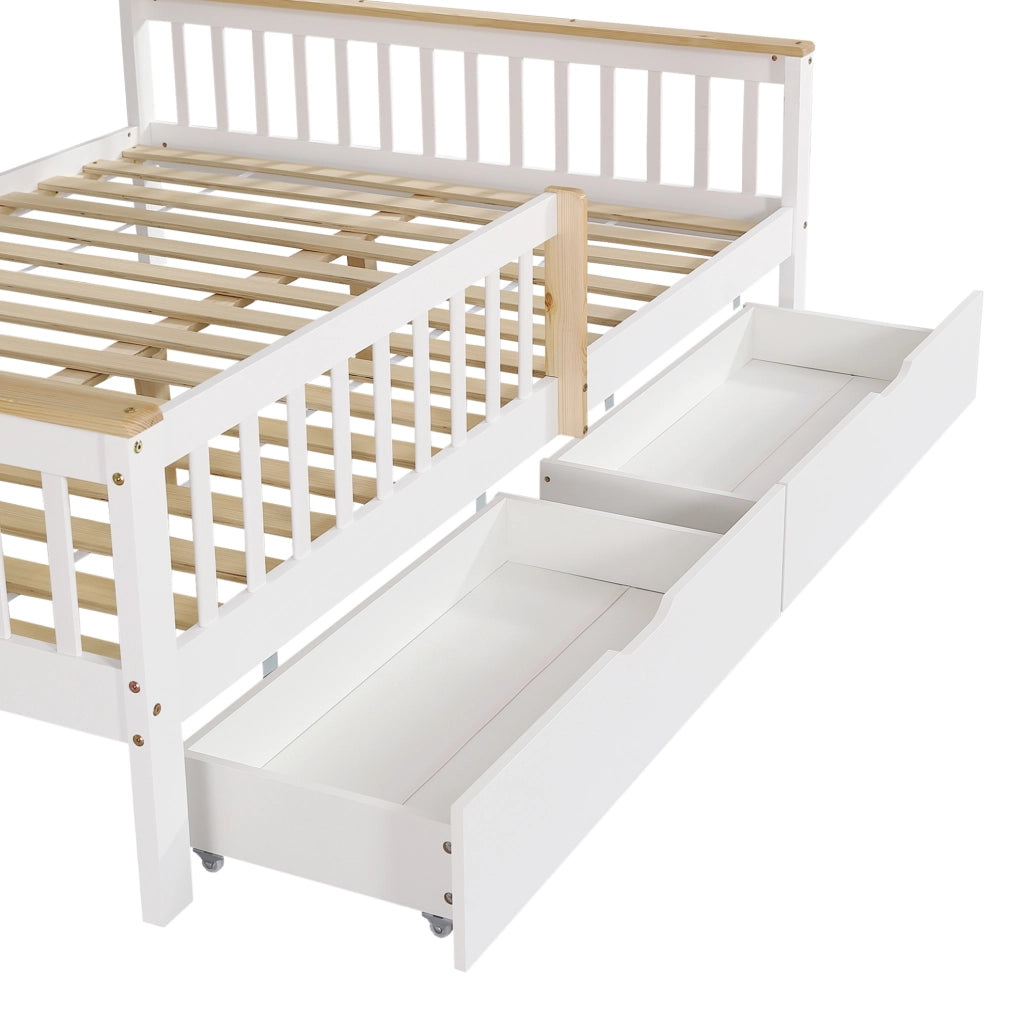Letto per bambini 140x200 cm con sponde; cassetti e tetto in legno e MDF; bianco e naturale