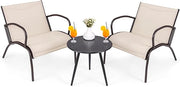 Set Tavolino e Poltrona a 3 Pezzi, Tavolino e Poltrone da Giardino con Seduta Curvata in Tessuto, Set di Mobili Esterno da Bistro, per Giardino Balcone Piscina