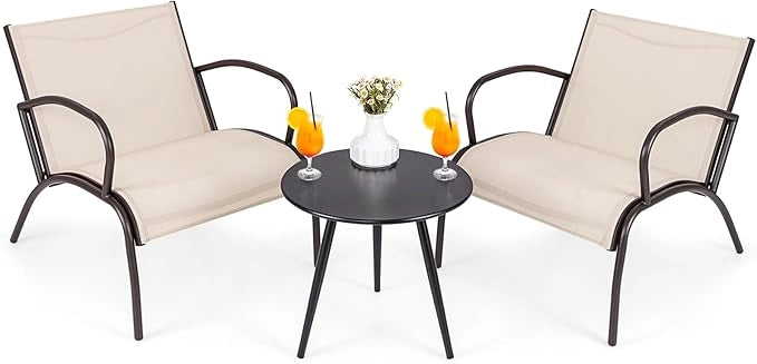 Set Tavolino e Poltrona a 3 Pezzi, Tavolino e Poltrone da Giardino con Seduta Curvata in Tessuto, Set di Mobili Esterno da Bistro, per Giardino Balcone Piscina