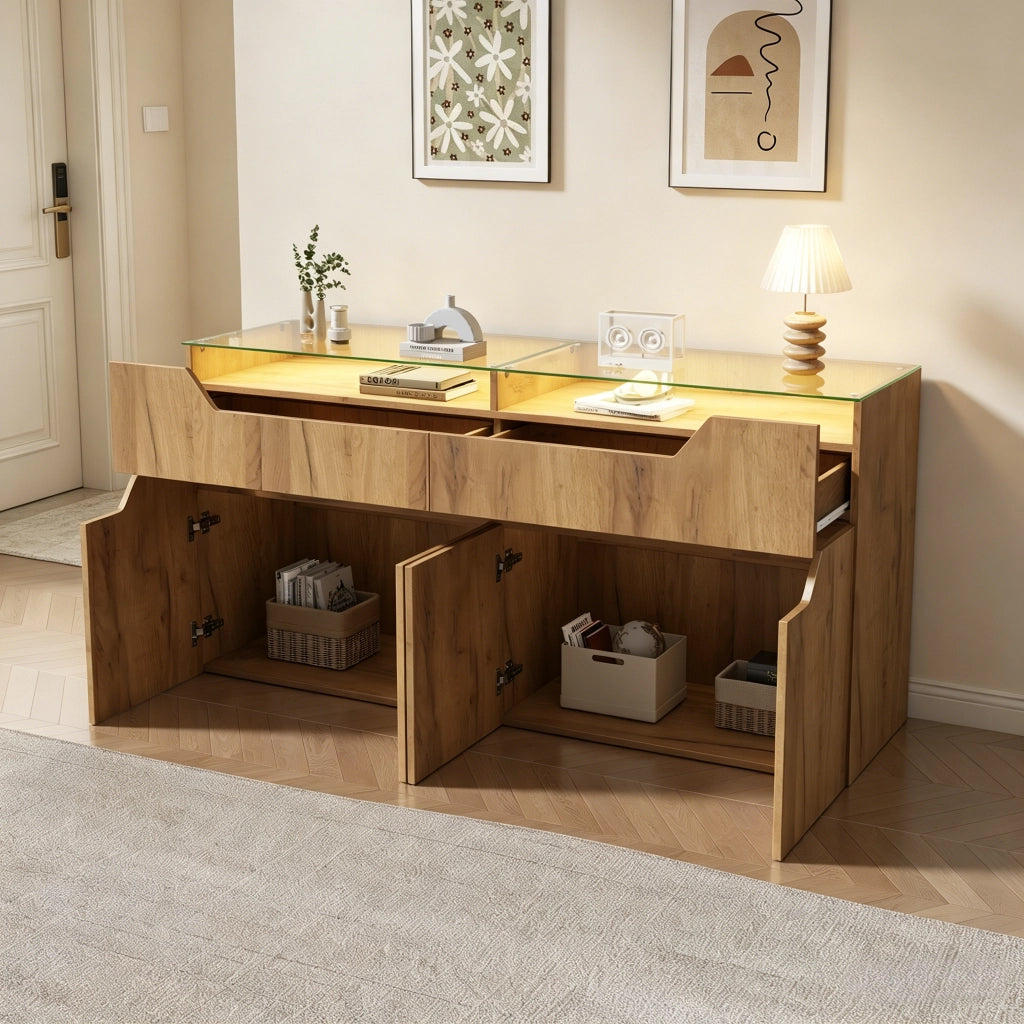Credenza sideboard 140x40x70 cm in MDF con piano in vetro temperato, 2 cassetti, colore naturale
