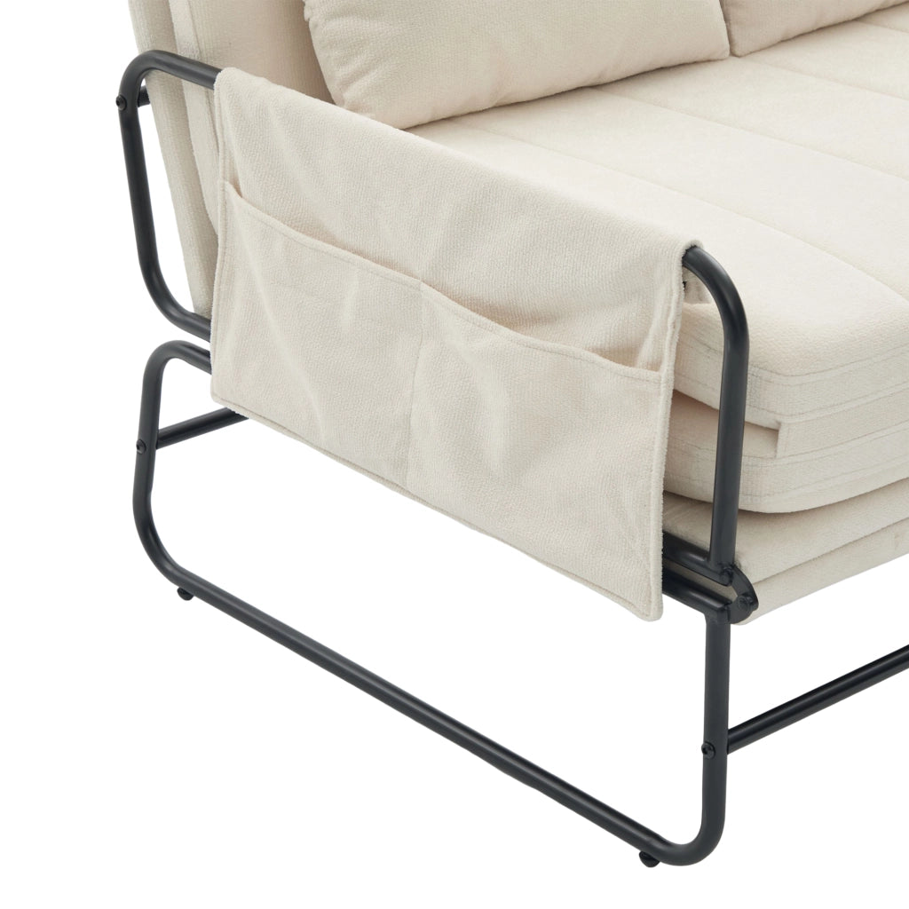 Klappsofa Beiger Chenille – Multifunktionales Zweisitzer-Sofa mit Metallgestell und Stauraum