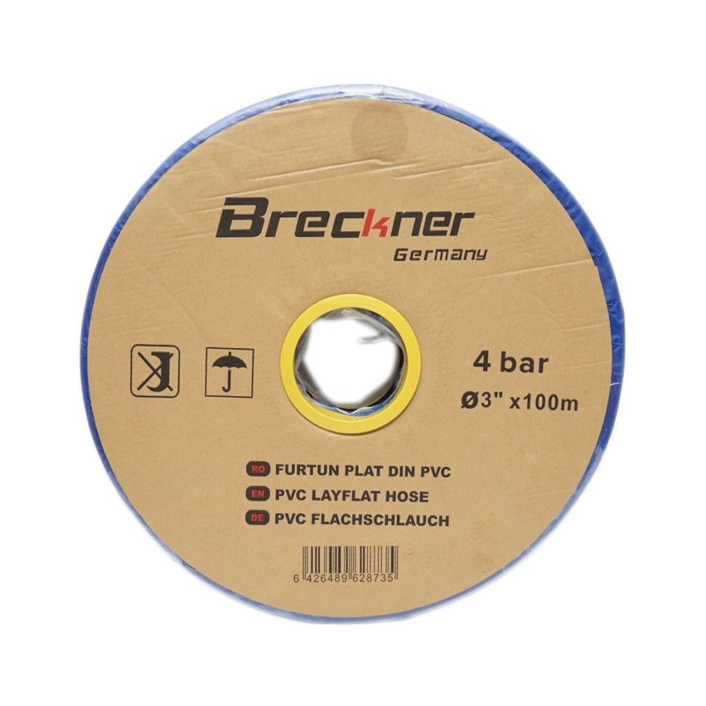 Tubo piatto per acqua per irrigazione in PVC 3 pollici, lunghezza 100 m, PN4. Breckner Germany