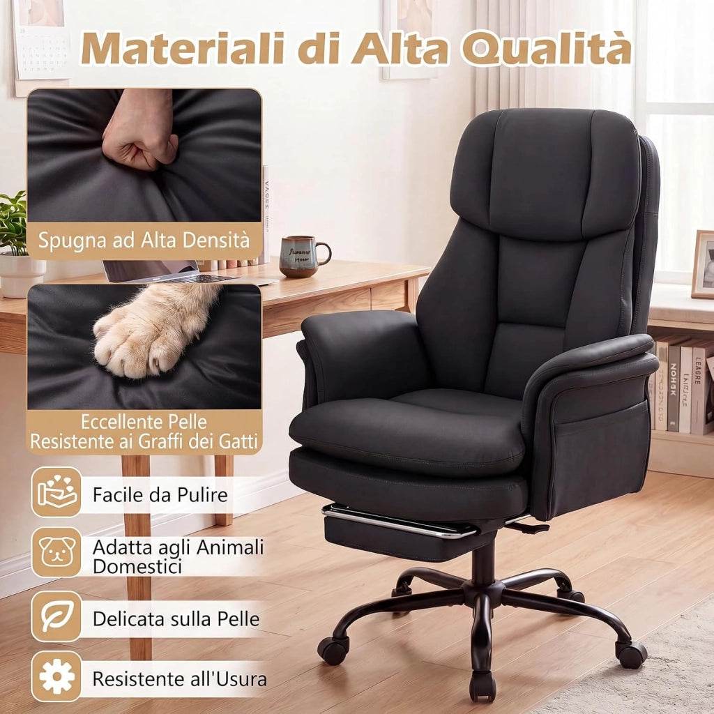 Sedia da Ufficio Ergonomica, Portata 150 kg (Nero) | Sedia Scrivania con Rotelle Girevole, Braccioli Regolabili su 5 Livelli e Poggiapiedi Retrattile, per Casa e Ufficio