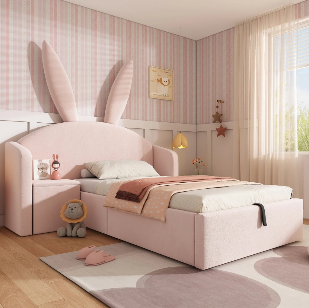 Letto imbottito 90x200 cm con comodino e contenitore in velluto rosa