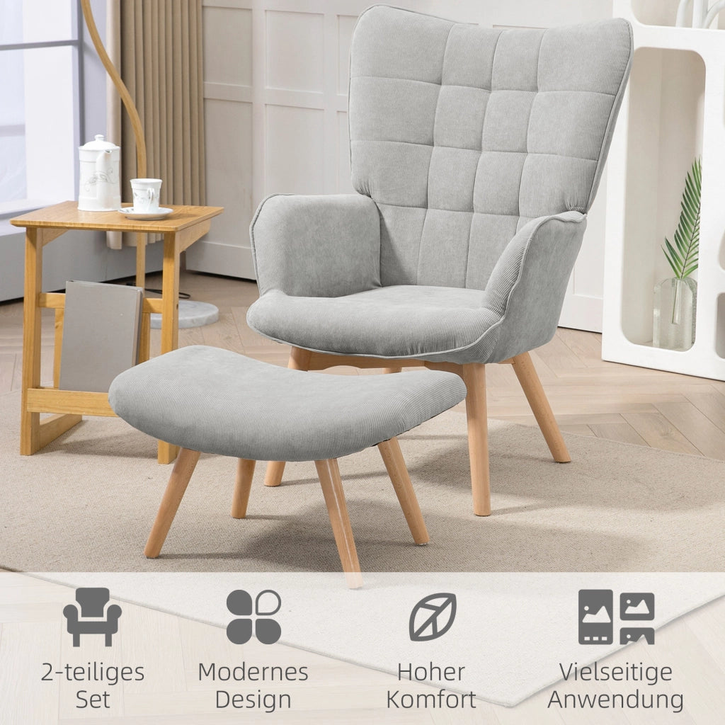 Poltrona relax grigia con poggiapiedi e gambe in legno