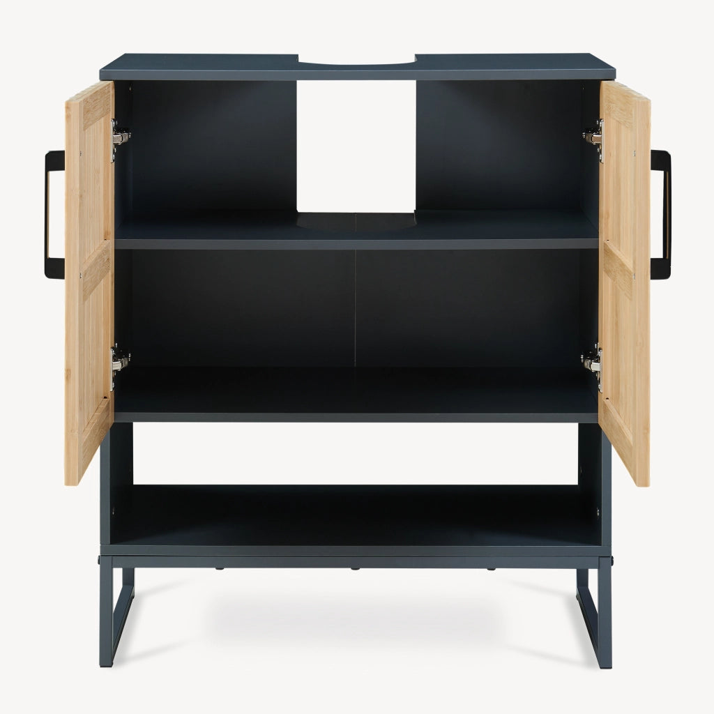 Mobile Sottolavabo Svanes a 2 Ante in Bambù 2 Scomparti Chiusi e Vano Aperto 70 x 60 x 30 cm - Grigio Scuro/Naturale [en.casa]