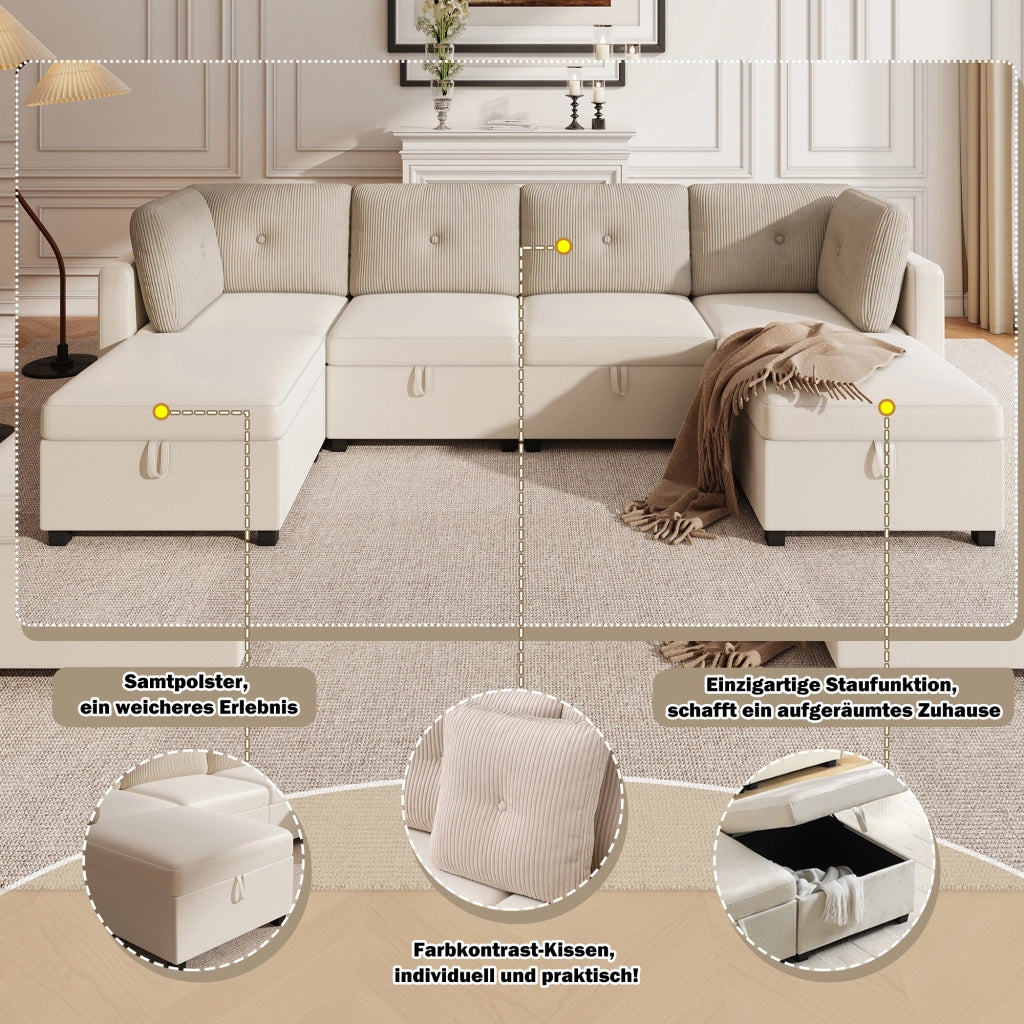 Divano modulare a U 6 posti con contenitore trasformabile in chaise longue o poltrona in velluto beige 261 × 132,5 × 85 cm