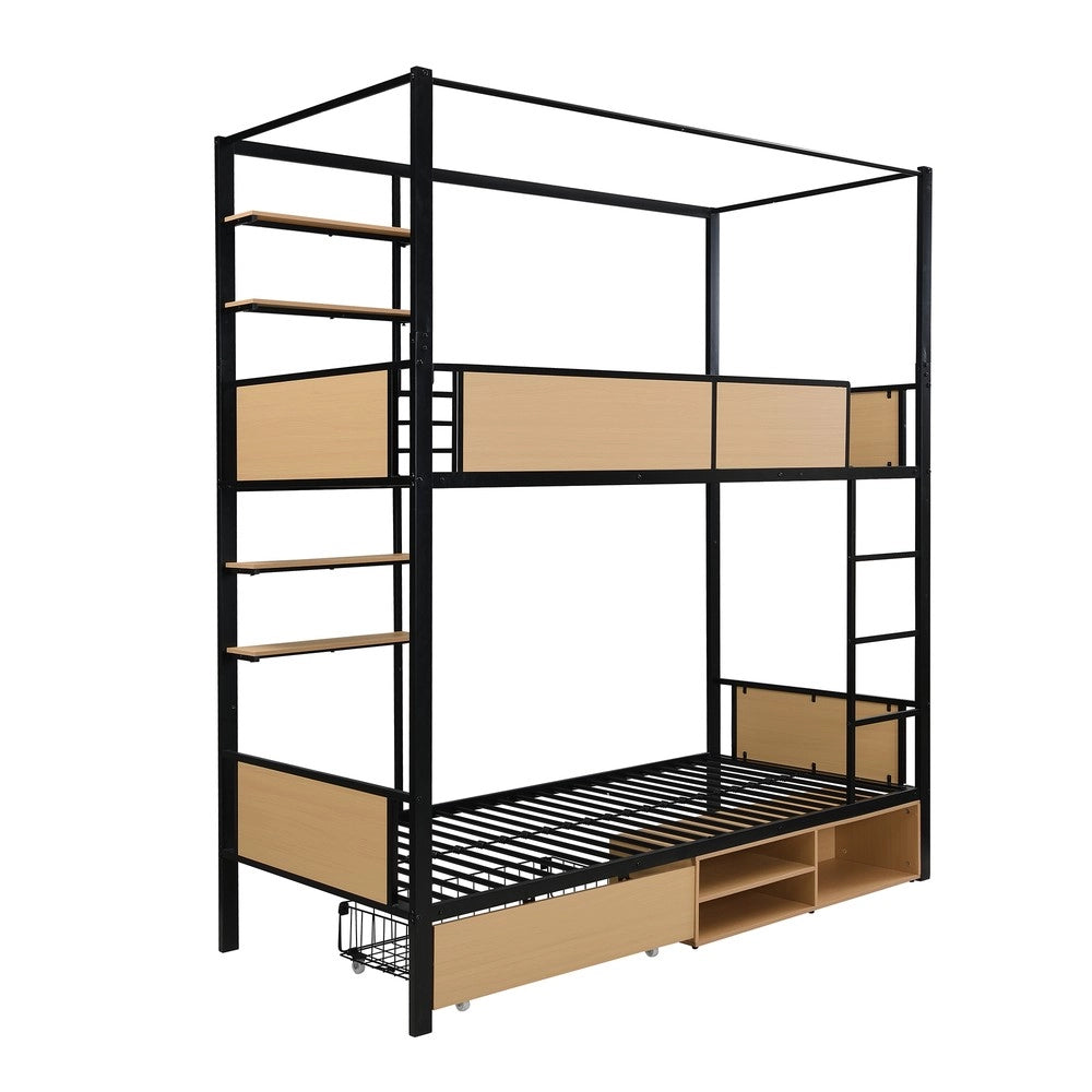 Letto a Castello in Metallo e MDF con Contenitore ¨C MINIMAL ¨C Nero/Naturale 90x200