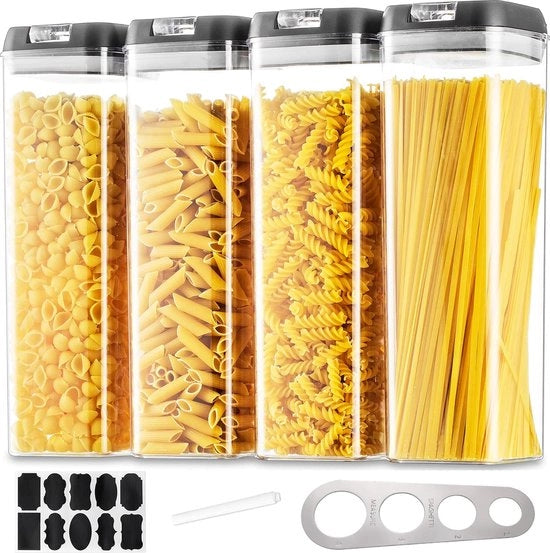 Set di 4 Contenitori a Pasta con Chiusura Ermetica in Acciaio Inox per la Conservazione degli Alimenti, Facile da Aprire e da Chiudere, Stivabile, Nero