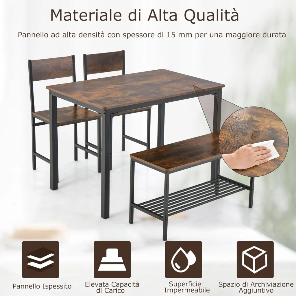Set Tavolo e Sedie da Pranzo 4 Pezzi, Tavolo da Pranzo con 2 Sedie e 1 Panca, Set Mobili da Cucina Salvaspazio con 4 Posti, per Cucina, Sala da Pranzo, Soggiorno (Caffè)