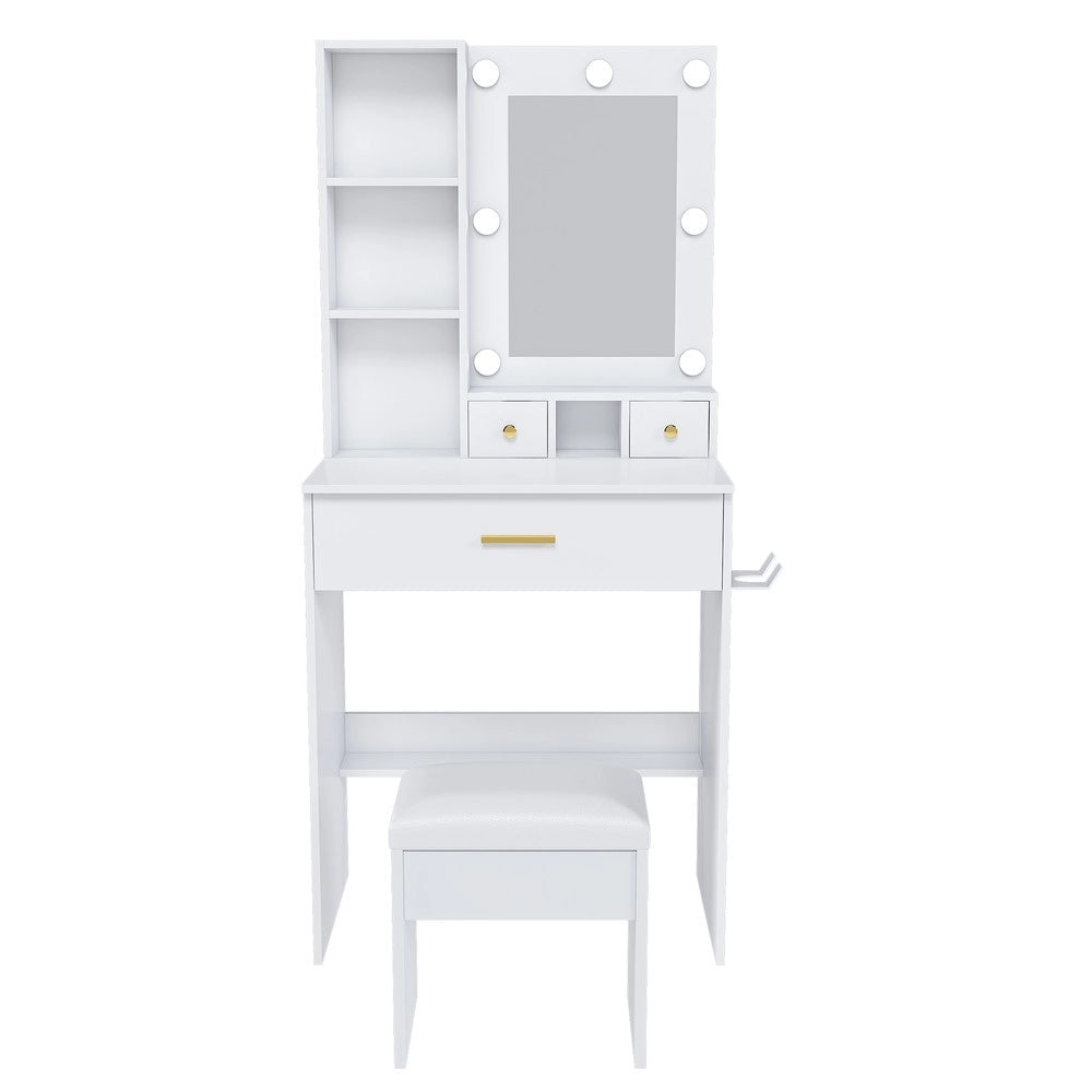 Set Tavolo Trucco con Specchio, LED, Cassetti e Sgabello Imbottito ¨C Xylo ¨C 60x38x131,5 cm