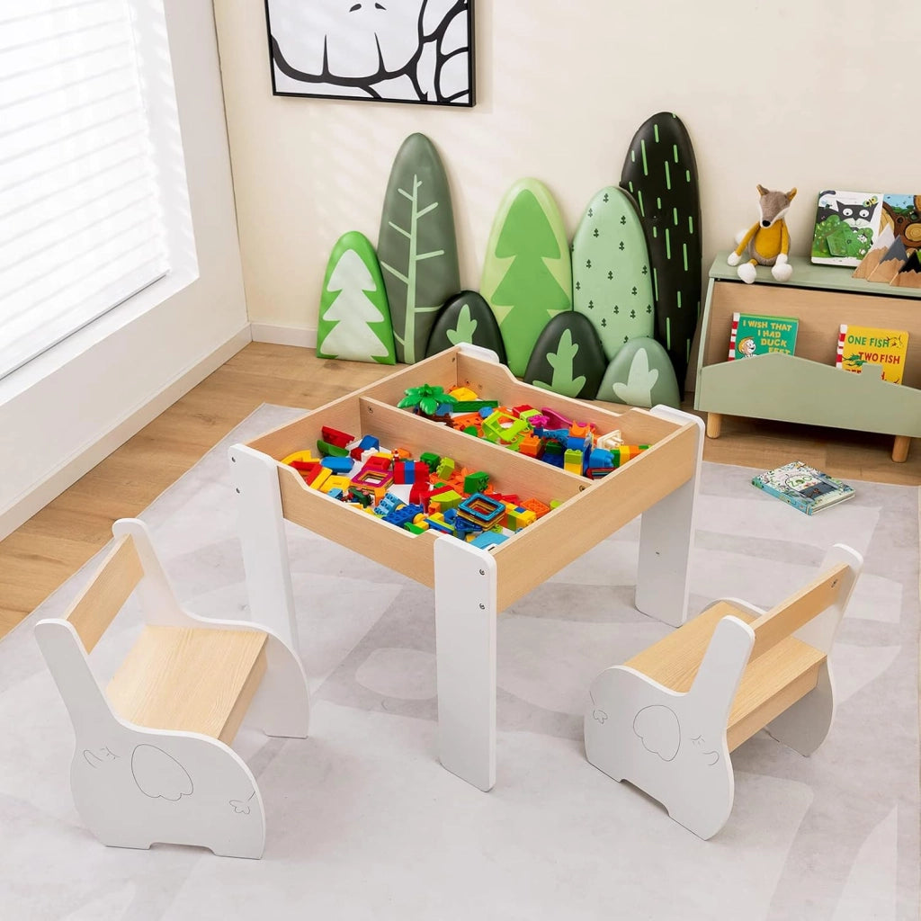 3 in 1 Set Tavolo e Sedie per Bambini, Tavolo da Attività per Bambini con 2 Sedie, Lavagna Rimovibile e Deposito, per Giocare, Disegnare e Leggere, in Legno (bianco)