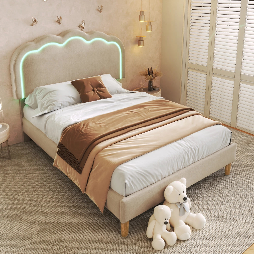 LETTO imbottito LED 90x200 cm beige con testiera regolabile