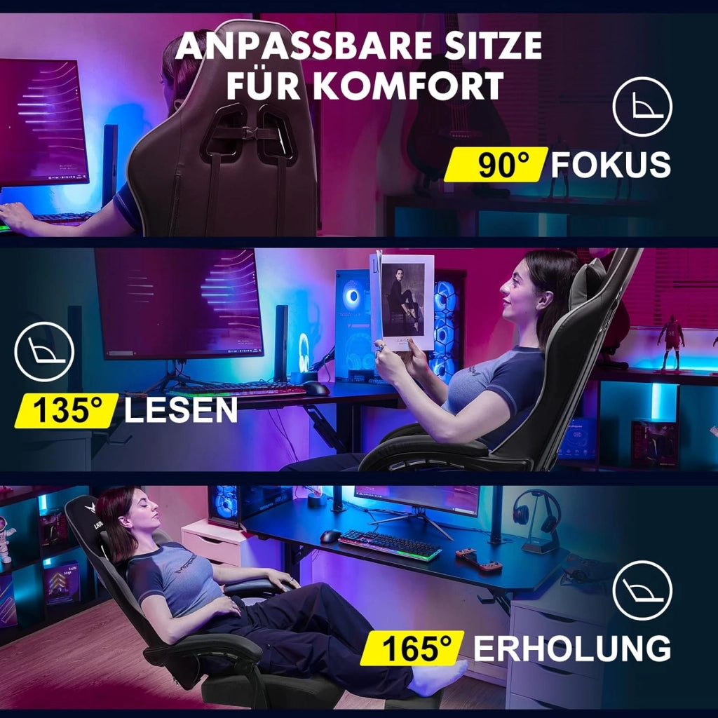 Sedia da gioco con poggiapiedi, ergonomica, con cuscino lombare regolabile, cuscino da gaming, sedia da gamer, altezza regolabile, portata 150 kg