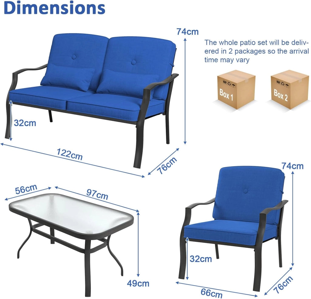 Set di mobili da giardino, 4 pezzi, per 4 persone, set di mobili da giardino, 2 poltrone, 1 divano e 1 tavolino da caffè, mobili da esterno, cuscini rimovibili (blu)