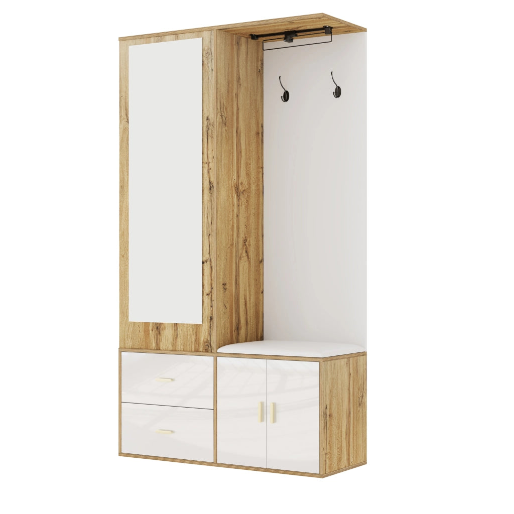 Set Ingresso con Specchio, Scarpiera, Panca con Ganci e Appendiabiti ¨C MINIMAL ¨C Bianco/Legno