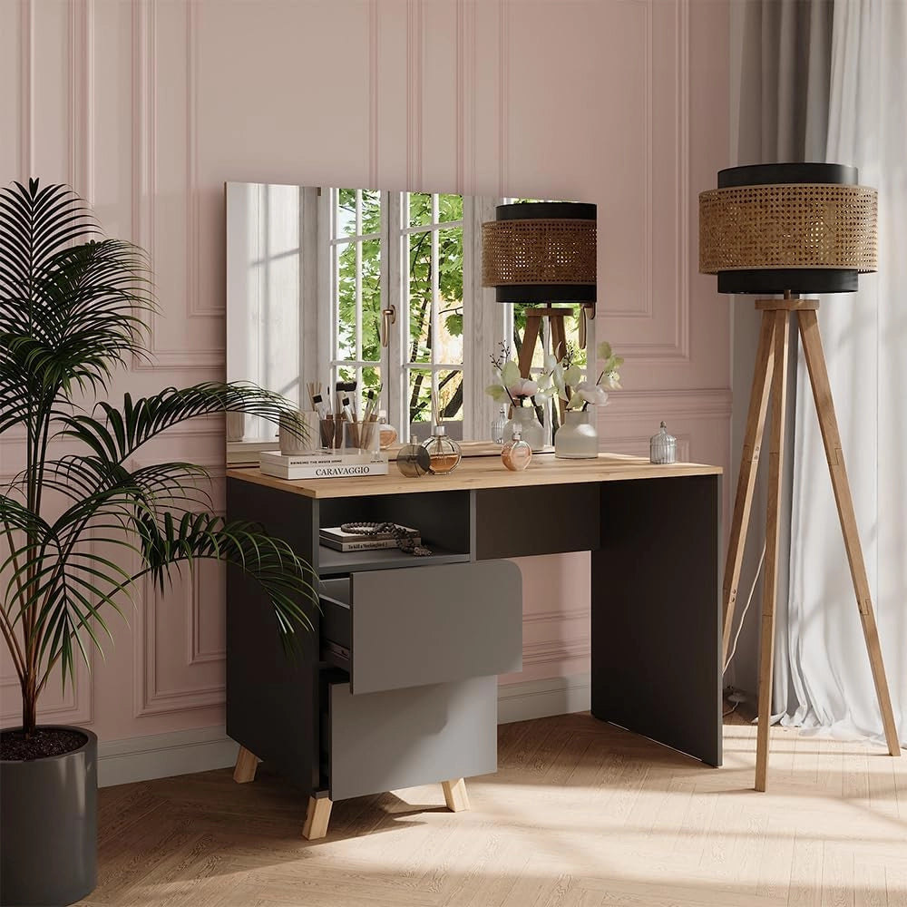 Tavolo da toeletta Karen, Antracite/Artisan, 110 cm con specchio, Materiali robusti per un utilizzo duraturo