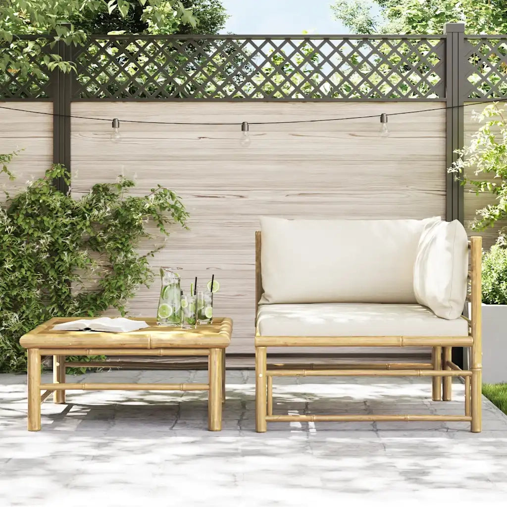 Set Divani da Giardino 2 pz con Cuscini Bianco Crema in Bambù
