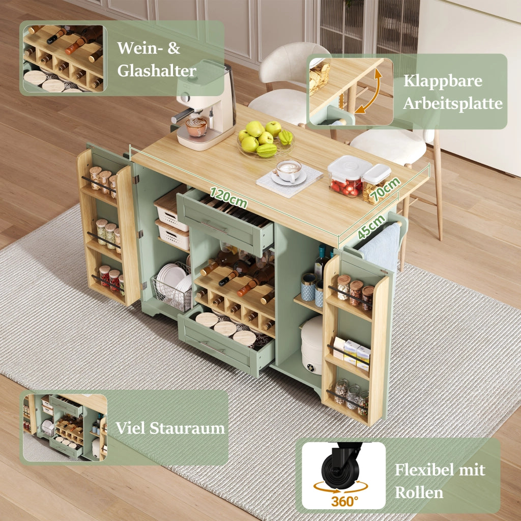 CARRELLO CUCINA CON PIANO ALLUNGABILE 138x45/70x92 cm Verde Antico MDF