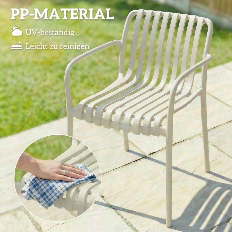 Set di 4 sedie da giardino impilabili con braccioli a doghe, ergonomiche, color crema.