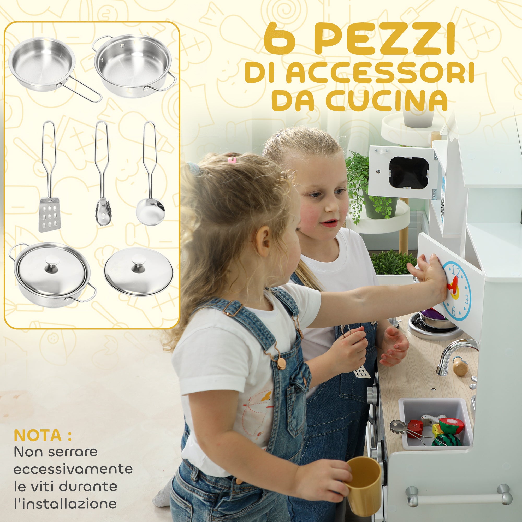 Cucina Giocattolo per Bambini 3-6 Anni con Set di Accessori Lavandino e Manopole con Suoni in Legno Bianco