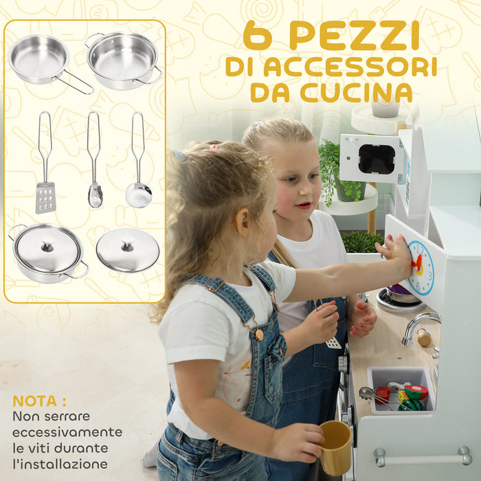 Cucina Giocattolo per Bambini 3-6 Anni con Set di Accessori Lavandino e Manopole con Suoni in Legno Bianco