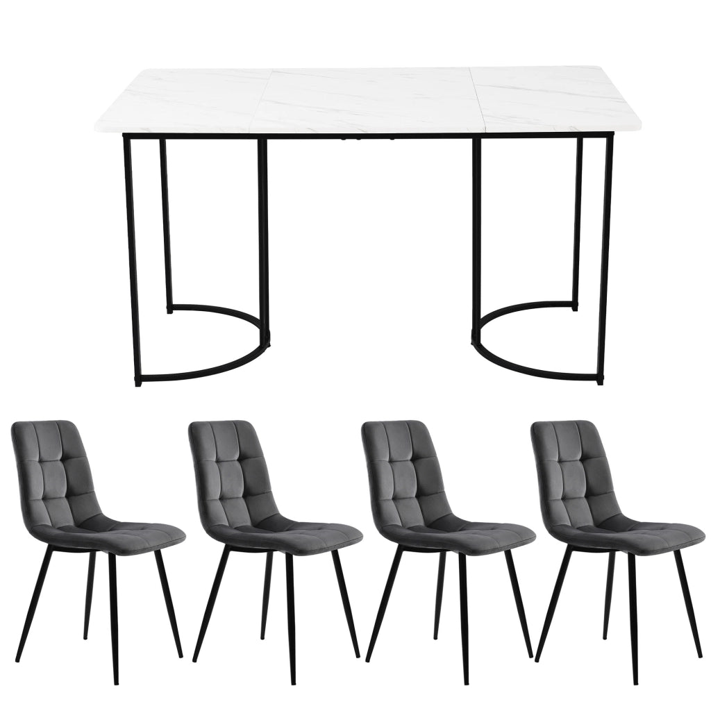 Tavolo da pranzo con 4 sedie, piano in MDF effetto marmo, struttura in metallo, per cucina e sala da pranzo, bianco, 140 × 80 cm